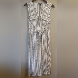 Adrienne Vittadini Striped Sleeveless  White Black Silver Metallic Maxi Dress